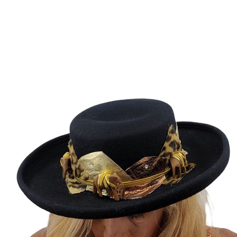 Vintage 50's Womens Sonni Hat Fedora Black Gold Animal Patchwork Accent Madonna
